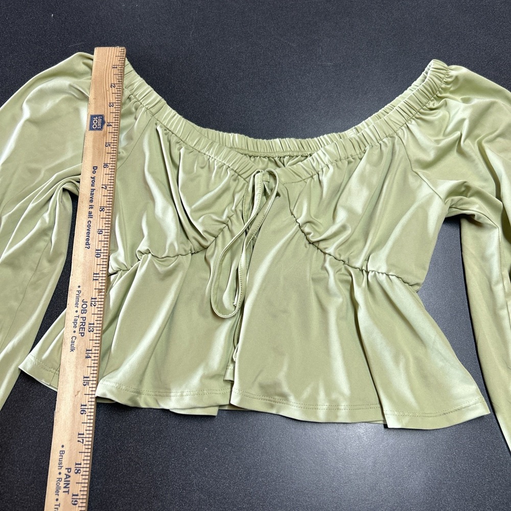Green Balloon Sleeve Crop Top Sweetheart Neckline Babydoll Peplum Blouse S - Picture 3 of 8